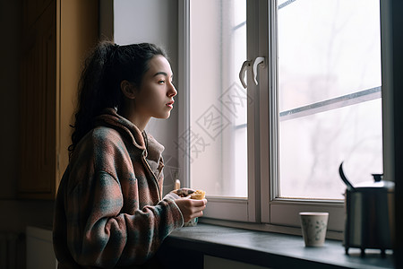 窗边用餐的女人图片