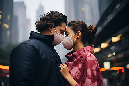亲吻男女城市中戴口罩的情侣背景