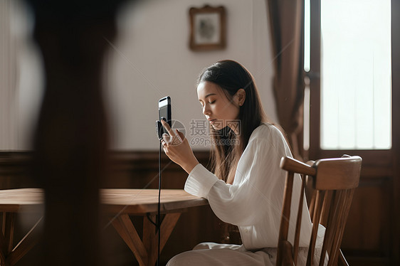 女子身穿白色长袖坐在木椅上图片