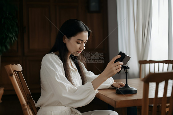 白衣女子坐在木椅上玩手机图片