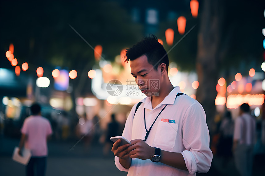 夜幕下的男子玩手机图片