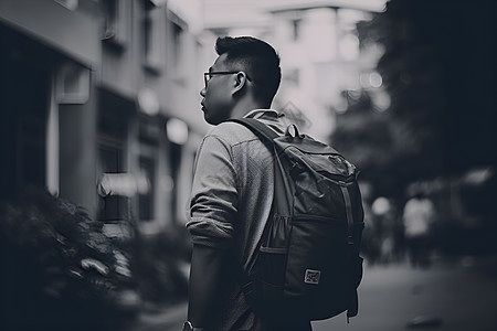 男子背着背包穿过城市图片