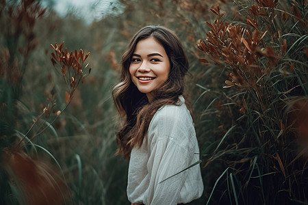 植物丛间微笑的女人图片