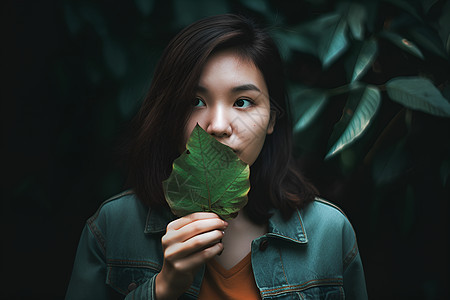 女人拿着绿叶图片