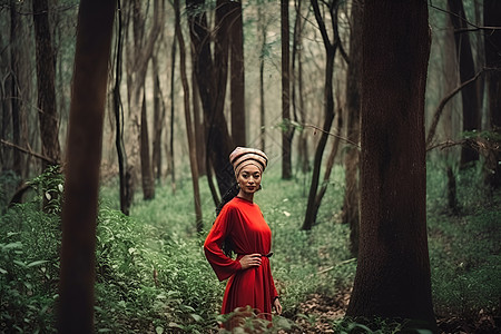 红衣女子在森林中图片