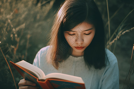 草地上读书的女子图片