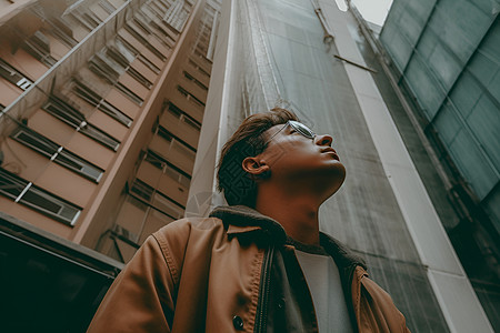 抬头看高楼的男子图片