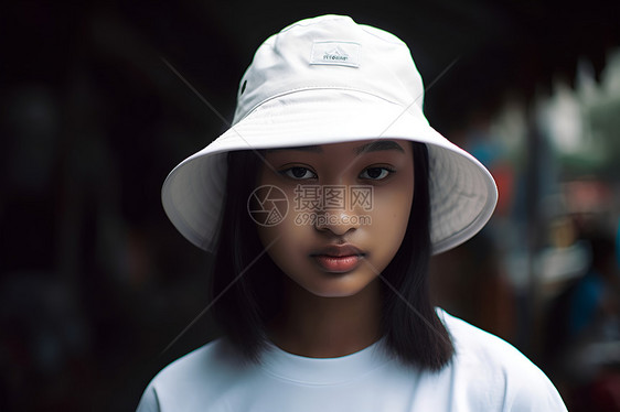 女子戴着白色帽子图片