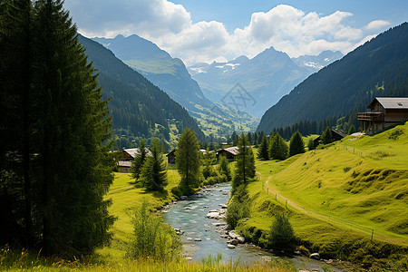 山谷里小木屋风景如画的山谷背景