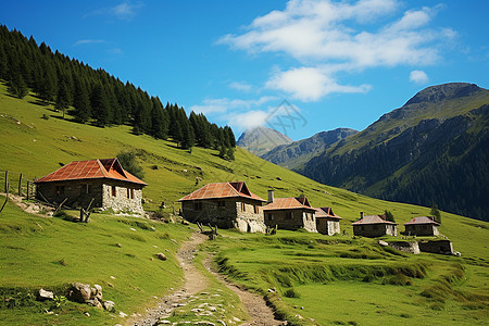 山间小屋景色壮丽图片