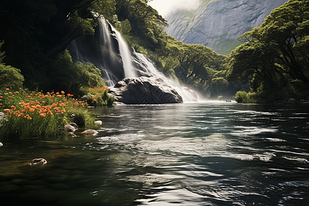 山谷中的瀑布河流图片