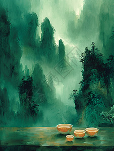 绿色山脉中的茶杯背景图片