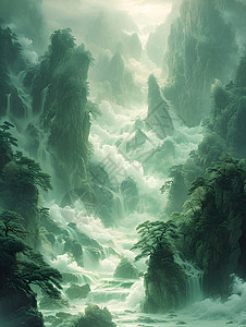 云雾山脉中的流水图片