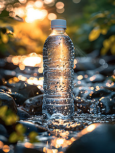 小溪中的瓶子矿泉水背景图片