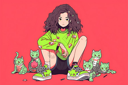 绿色衣服的插画女性图片