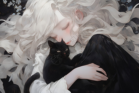 抱着黑色猫咪睡觉的少女图片