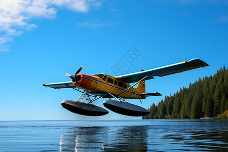 湖畔上飞翔的飞机图片