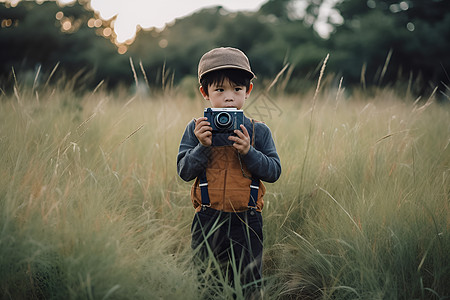 少年手持黑色相机图片