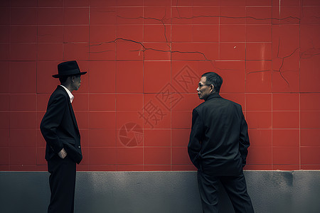 红墙下对话的人图片