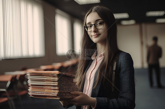 年轻女士手持笔记本图片