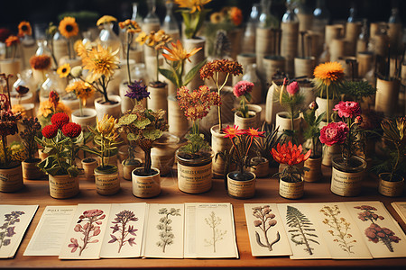 桌子上的盆栽花束图片