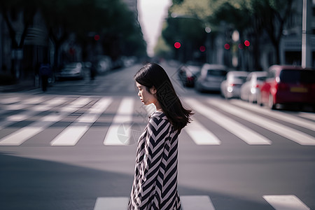 女人穿过街道图片