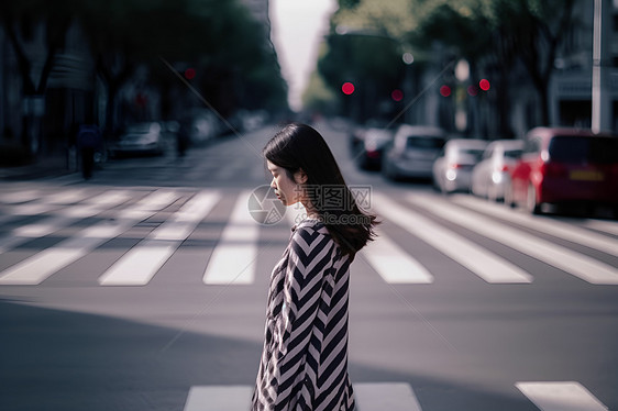 女人穿过街道图片