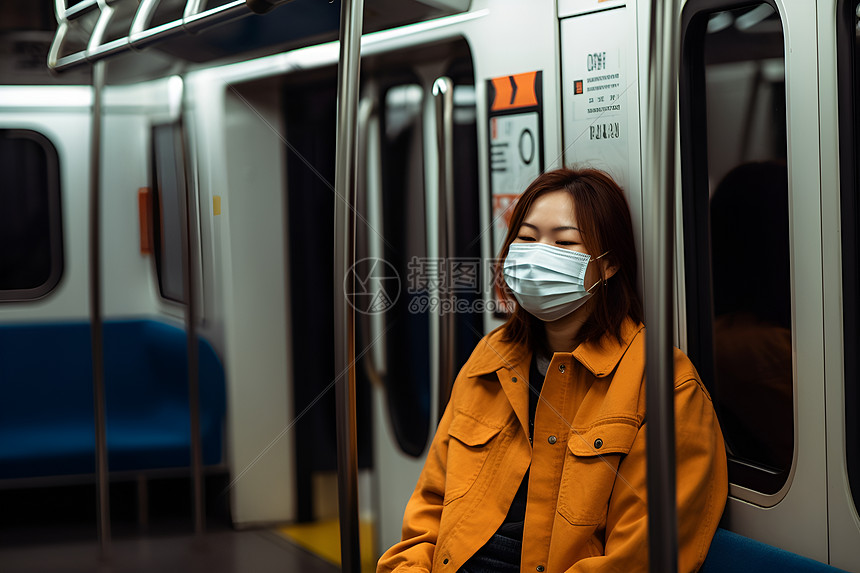 地铁上戴口罩的女性图片