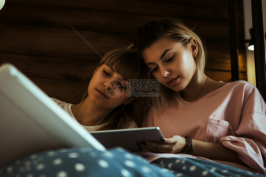 两个女孩在床上一起看书图片