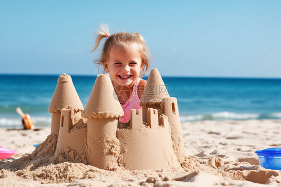 沙滩上开心的小女孩图片