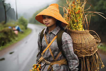 雨中背篓的女子图片