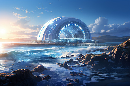 海面上的科技建筑背景图片
