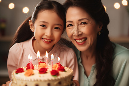 幸福的母女庆祝生日高清图片