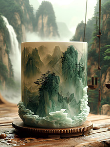 杯子上的山水画背景图片