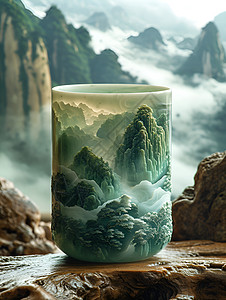 融合山水画的杯子背景图片