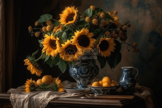放在桌子上的向日葵花束图片