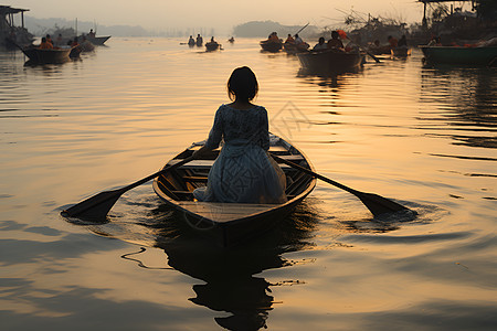 湖中划船的女子背景图片