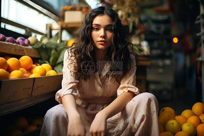 水果摊旁的年轻女子图片