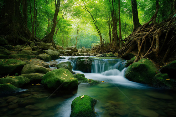 翠绿森林中的瀑布图片