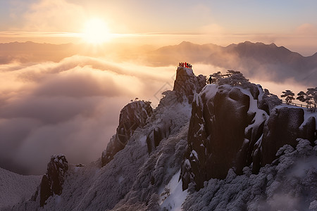 冬季日出黄山的壮观景象背景图片