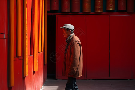 站在红色建筑上的男人图片