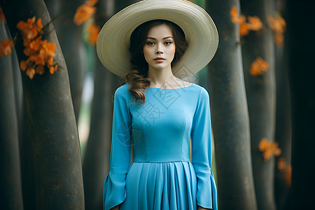 穿花裙女人戴着斗笠的蓝裙女子背景