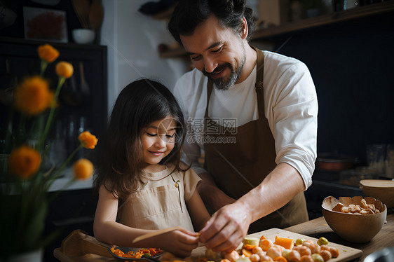 男人与女儿一起烹饪图片