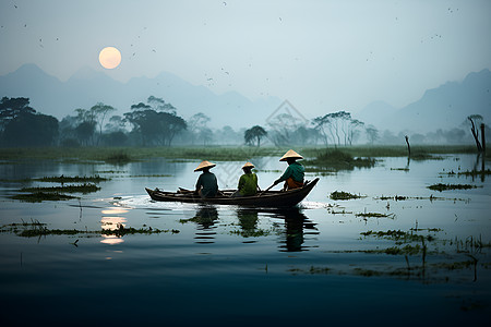 湖面小舟上戴着斗笠的渔民图片