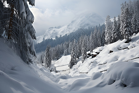 山谷间的冰雪山林图片