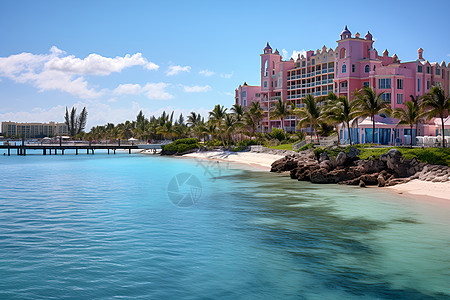 沙滩边的粉红色建筑图片
