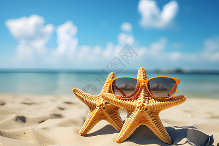 沙滩上的海星戴着墨镜高清图片