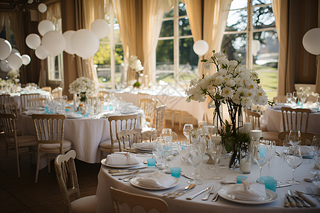 婚宴餐桌上的鲜花和气球图片