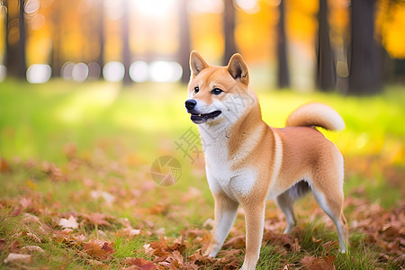 柴犬在森林中玩耍背景图片