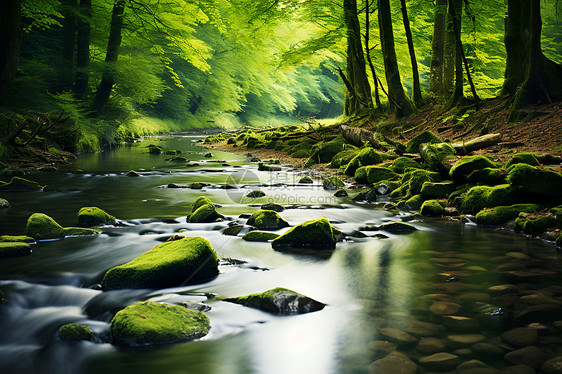 翠绿森林中流淌的小溪图片